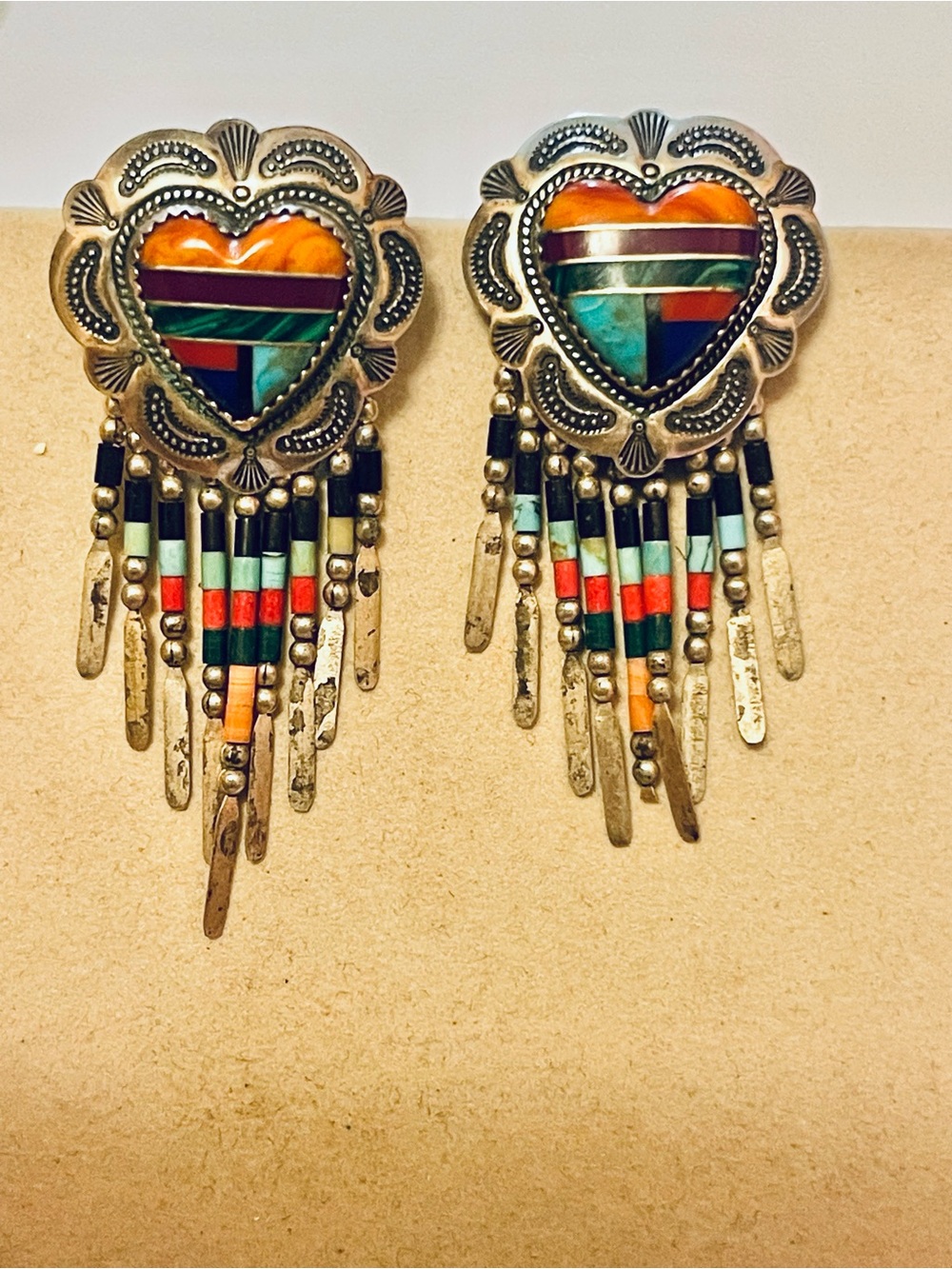 VTG Southwest Sterling QT Inlaid Multi
Stone Heart Dangle Earrings 13 G